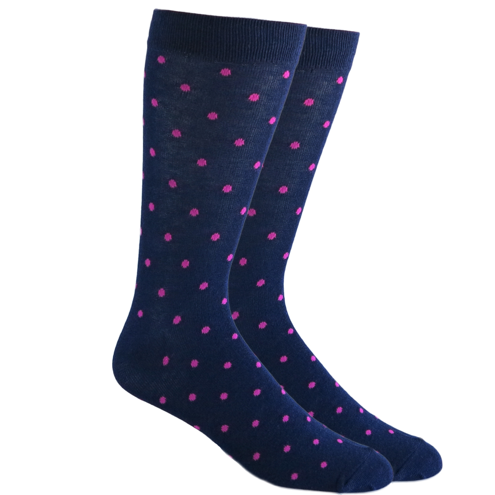 Navy blue mid-calf dress socks with pink polka dots, pair standing